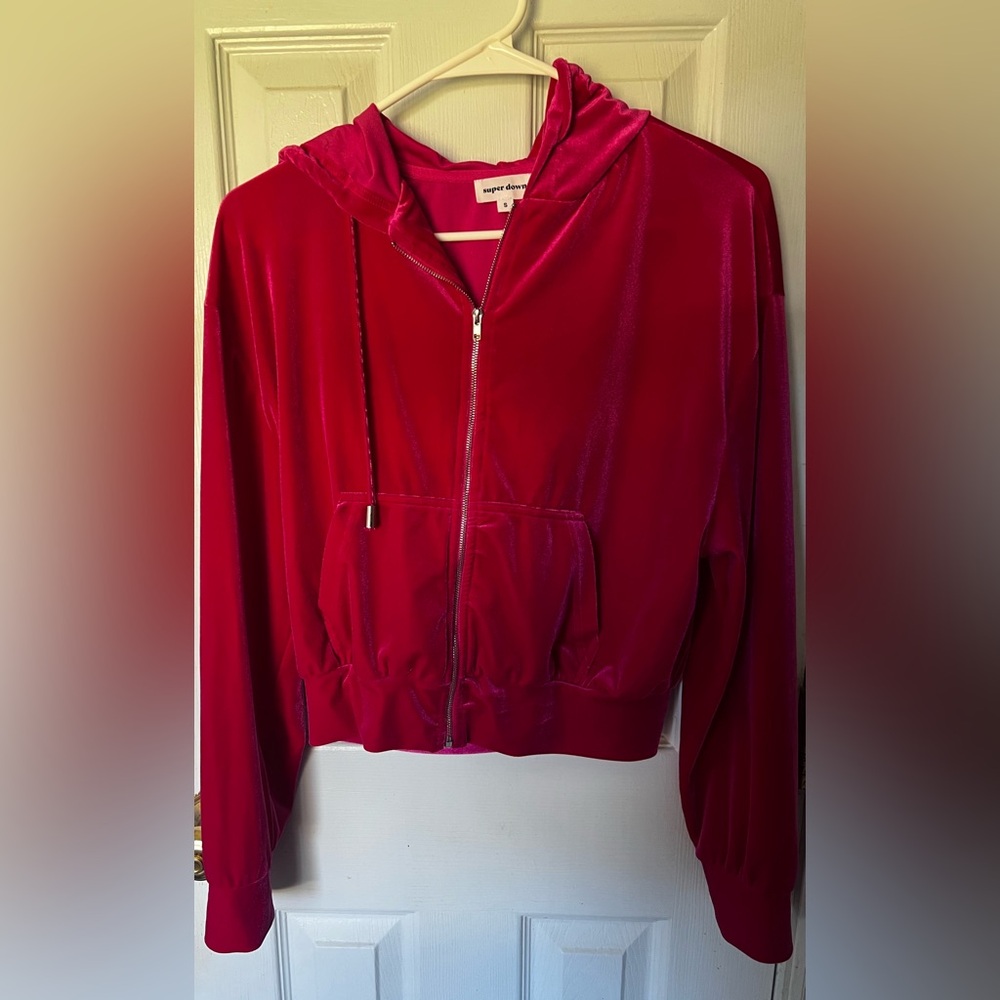 Superdown Hot Pink Velvet Zip Up Hoodie from Revolve